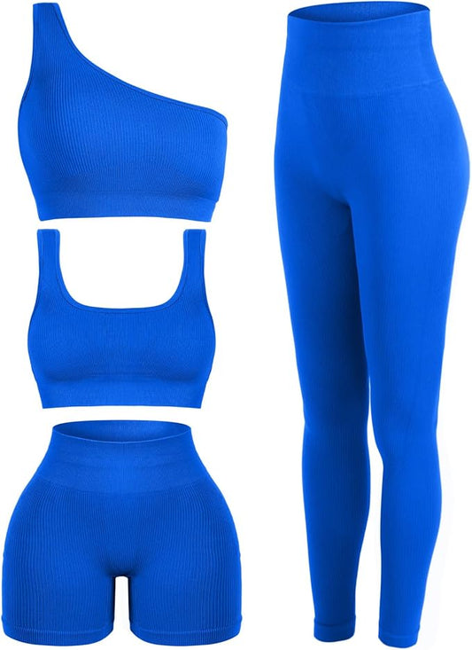 4 Pcs Women's Workout Sets Pilates Exercise Outfit Ribbed Scoop Neck Sports Bra Shorts Leggings Gym Clothes Set