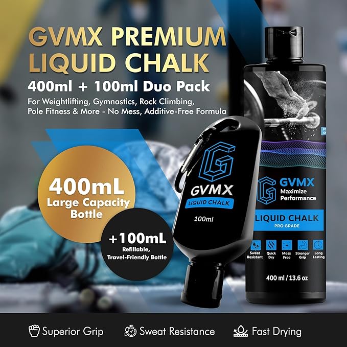 50ML/100ML/400ML Superior Grip Premium Liquid Chalk. Long Lasting Mess-Free Gym Chalk for Weightlifting, Gymnastics, Climbing. Fast Drying Refillable Gym Accessories. Package May Vary.