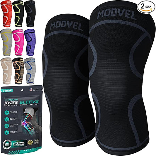 Modvel 2 Pack Knee Brace for Women & Men - Workout Knees Compression Sleeve for Knee Pain Relief Joint Support for ACL, Arthritis, Meniscus Tear Knees Brace for Sports, Rodilleras para Gym Fitness