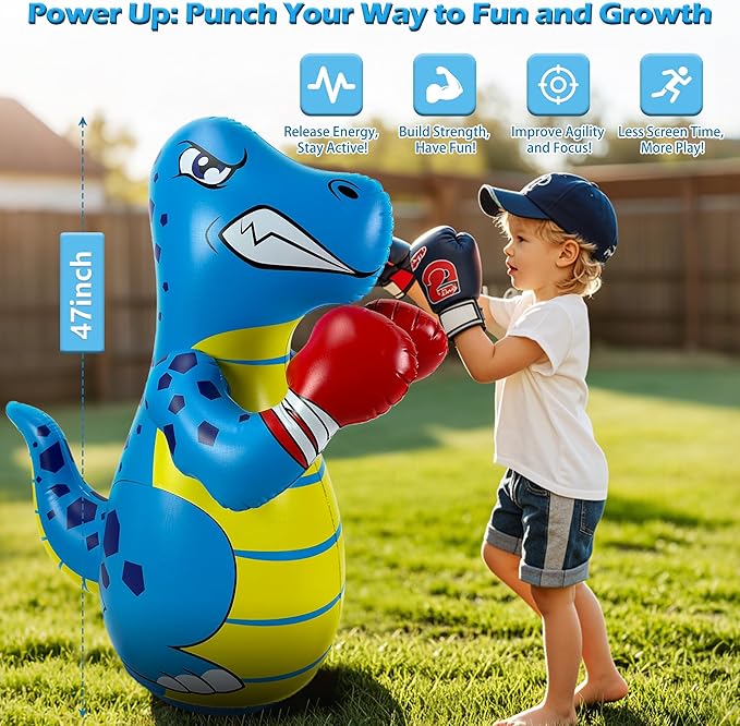 Kids Punching Bag 3-8 with Air Pump, Toddler Punching Bags for Kids, Inflatable Dinosaur Toy with Bounce- Back Action, Safe Gifts for Boys & Girls Age 3-5 Add Tossing Game
