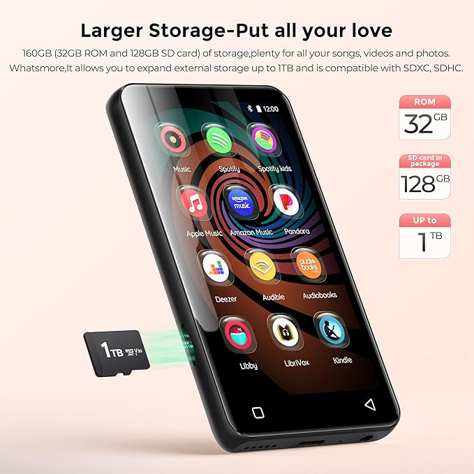 160GB MP3 Player with Bluetooth and WiFi, innioasis Music Player with Spotify,Pandora,Amazon Music,4" Touch Screen Android MP4 MP3 Player for Kids with Libby,Audible,Spotify Kids(Black)