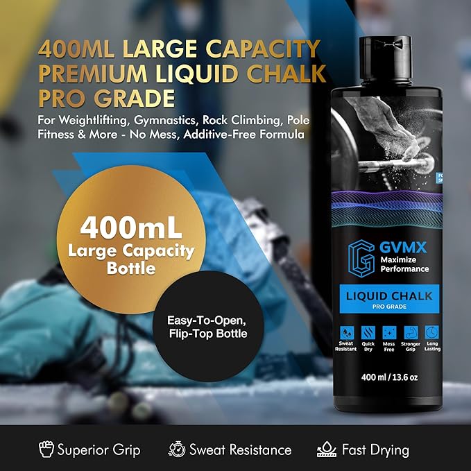 50ML/100ML/400ML Superior Grip Premium Liquid Chalk. Long Lasting Mess-Free Gym Chalk for Weightlifting, Gymnastics, Climbing. Fast Drying Refillable Gym Accessories. Package May Vary.