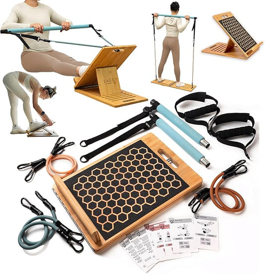 3-in-1 Pilates Workout Kit by Sage London - Premium Bamboo Slant Board, Pilates Bar Kit with Resistance Bands & 54 Exercise Cards for Home Workouts, Calf Stretcher, Squats, and Pilates Training