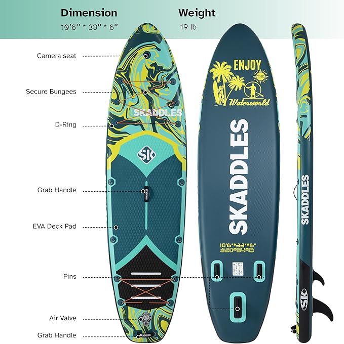 10’6’’ Portable Inflatable Stand Up Paddle Board (SUP) for Adults and Youth with Non-Slip Deck – Complete Accessories Kit, Perfect for Fishing, Yoga, Fitness & Family Fun