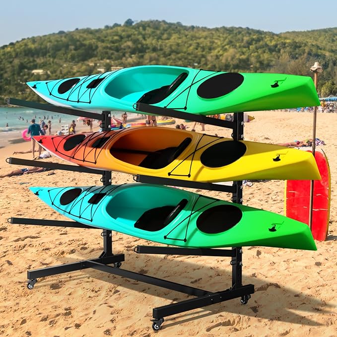 Heavy Duty Freestanding Kayak Storage Rack, Adjustable Metal Stand for Kayaks, Canoes, SUPs, Paddleboards & Surfboards with Lockable Wheels, Indoor & Outdoor Use