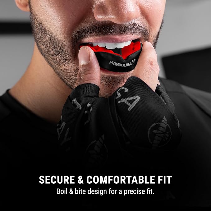 Hayabusa Combat Sports Mouth Guard Youth, Kids and Adult Sizes Comes with Case - Black/Red, Adult