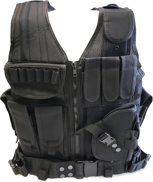 Light Weight Upgraded Tactical Airsoft or Paintball Vest - Duty Belt, Pistol Holster, 9 Pouches - Black