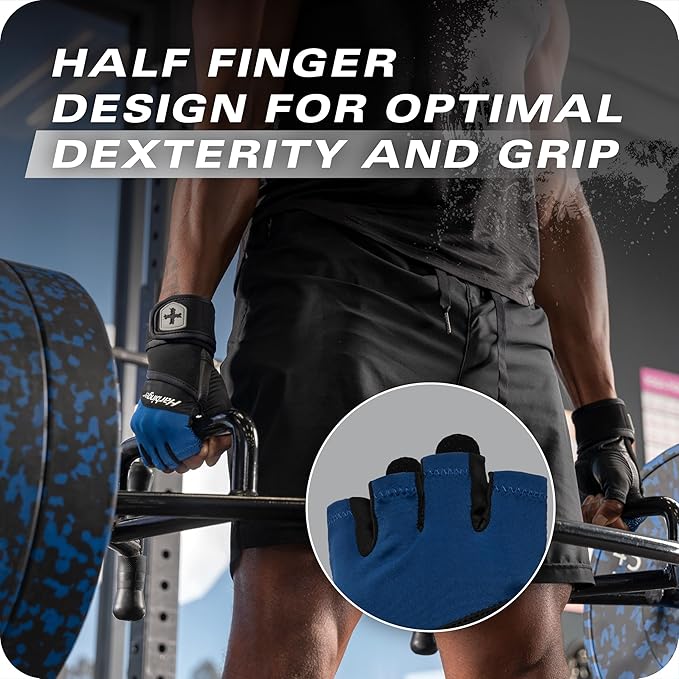 Harbinger Training Grip Wrist Wrap Gloves - Enhanced Grip & Wrist Support, Breathable Lycra Back, Padded Leather Palm, Half-Finger Design, Quick Pull Tabs - Ideal for Weightlifting, Gym - Men's