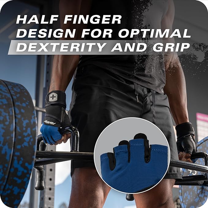 Harbinger Training Grip Wrist Wrap Gloves - Enhanced Grip & Wrist Support, Breathable Lycra Back, Padded Leather Palm, Half-Finger Design, Quick Pull Tabs - Ideal for Weightlifting, Gym - Men's