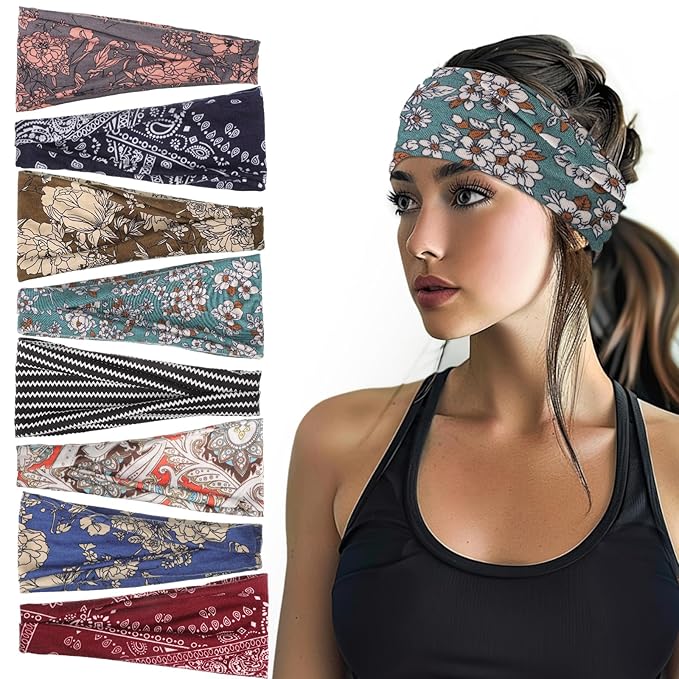 Headbands for Women, 8 Pack Boho Style Headbands Non Slip Fashion Wide Headband Hair Wrap for Daily Use Sport Yoga Running