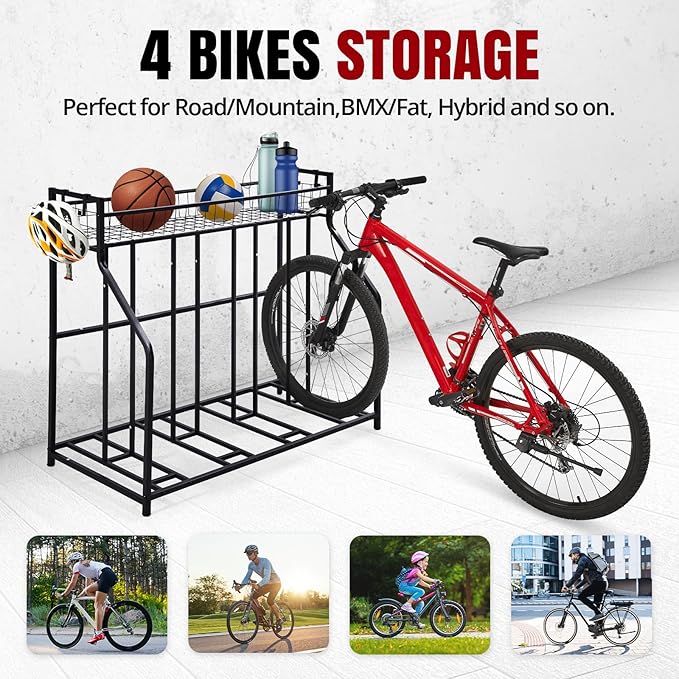 HEALTH LINE PRODUCT 4 Bike Stand Rack, Indoor Bike Storage, Bicycle Rack for Garage - Metal Stability Floor Bicycle Station for Parking Mountain/Road/Hybrid/Fat Tire & Scooters Bike Rack for Garage