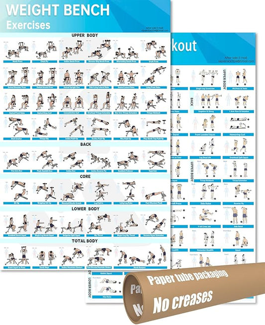 MCNBLK Dumbbell Workouts+Fitness Bench Poster Set of 2 Workout Charts(Laminated, 16.8" x 27")