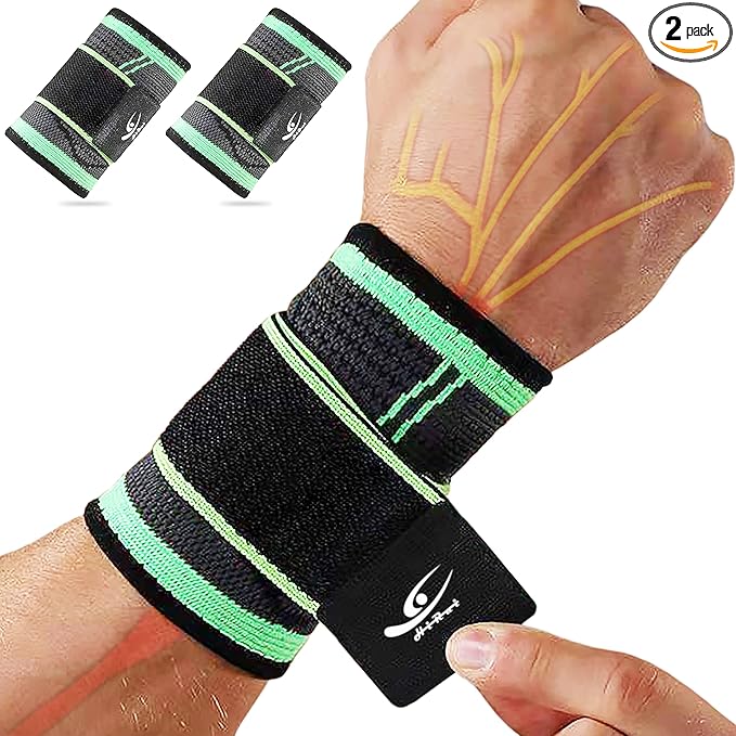 HiRui Wrist Brace Wrist Wraps Compression Wrist Strap, Wrist Support for Work Fitness Weightlifting Sprains Tendonitis, Carpal Tunnel Arthritis, Pain Relief, Adjustable Wristbands 2 PACK (Green, S)