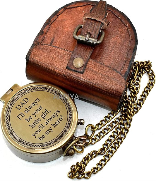 AASIYA Brass Pocket Chain Compass With Leather Case