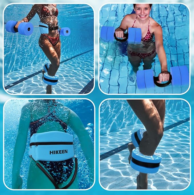 Hikeen 6-Piece Water Aerobics Pool Exercise Equipment, Aqua Aerobics Equipment Set,Includes High Density Water Dumbbell Aqua Belt and Ankle Weights for Aquatic Therapy,Pool Fitness