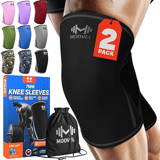 Modvel 7mm Neoprene Knee Sleeves for Men & Women Weightlifting & Powerlifting – Compression Knee Sleeve Support for Squats, Gym, Training – USPA, IPL Approved – Medium Black (Pair)