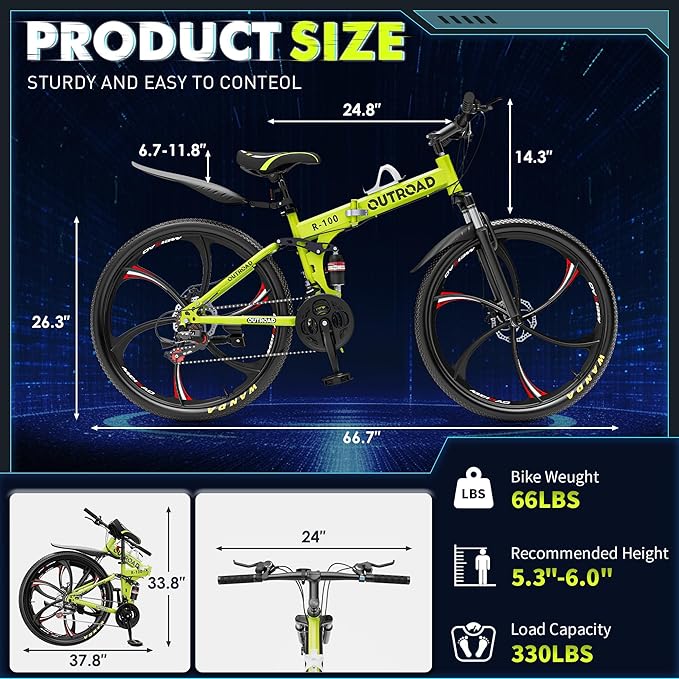 26 Inch Folding Mountain Bike, 21 Speed Full Suspension Bicycle with High-Carbon Steel, Dual Disc Brake Non-Slip Quick Release tire Folding Bicycle for Adults/Men/Women
