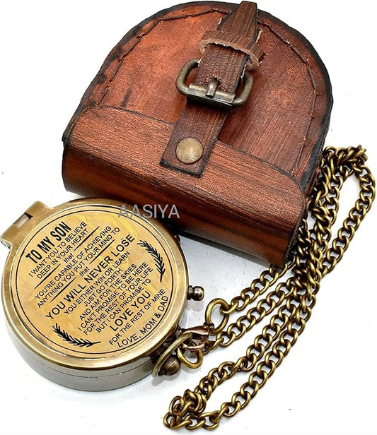 AASIYA Brass Chain Compass with Leather Case