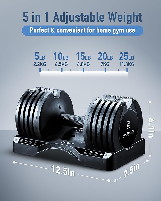 Adjustable Dumbbell 12.5/25lb Set of 2 or Single Unit Piece Weight Training Fitness Exercise Body Workout 5 in 1 for Home Gym Beginners Woman