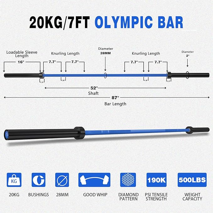 7ft Olympic Barbell for Strength Training and Olympic Weightlifting 500 700 700 1000LBS 1000LBS Capacity 2 Inch