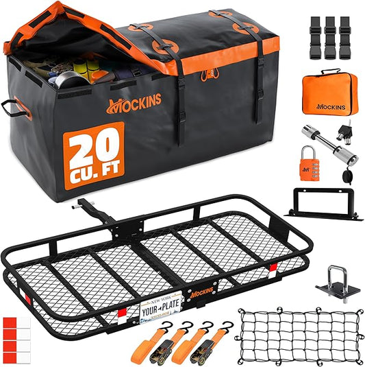 Mockins 60"x20"x6" Folding Trailer Hitch Cargo Carrier w/ 20 Cu Ft Waterproof Cargo Bag for Hitch Carrier | 500 Lbs. Cap All-Weather Cargo Carrier Hitch Mount Rack & Vinyl Vehicle Soft-Shell Carriers