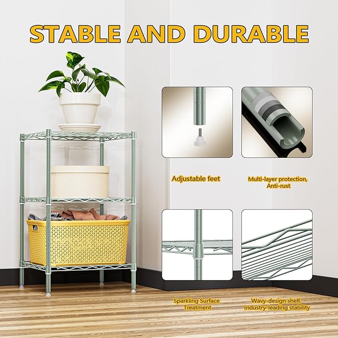 750 lbs 3 Tier Shelf Metal Storage Shelves Shelving Wire Rack Heavy Duty Closet Organizers for Garage Kitchen Bathroom Laundry Light Green 13.8" D x 13.8" W x 25.5" H