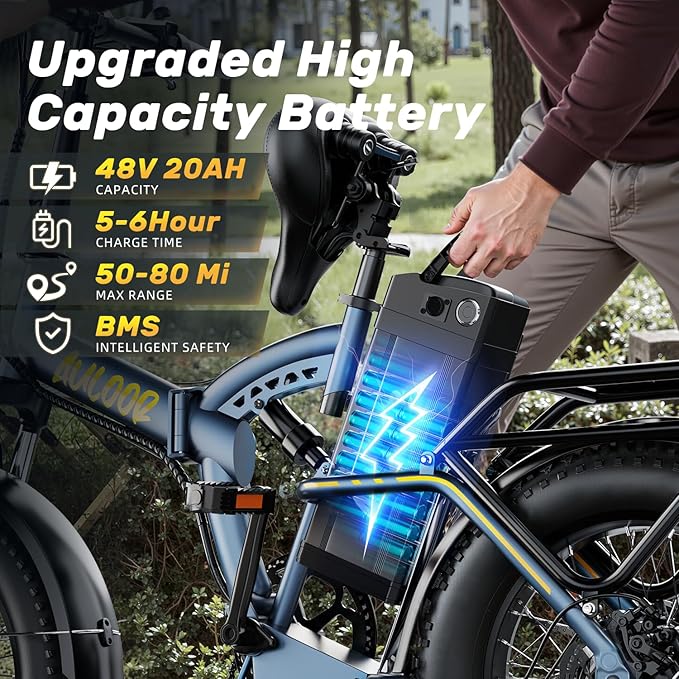 1000W Folding Electric Bike, 48V 20AH Large Removable Battery E Bike,30+MPH, 80 Miles Max Range, 20" Fat TireElectric Bike for Adults, Adult Electric Bicycles for CommuteBeach Snow