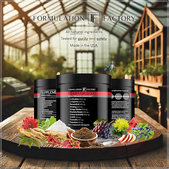 Heart of Steel: 10-in-1 Metabolic Maximizer Nitric Oxide Supplement, Blood Pressure Support, L Arginine, L Citrulline Natural Pre-Workout: Energy Management 120 Count