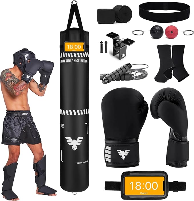 6 Ft Tall Muay Thai Punching Bag Set - Heavy Bag, Training Gloves, Hand Wraps for Kickboxing Heavy Bag, MMA 100 Lbs Bag (Unfilled)