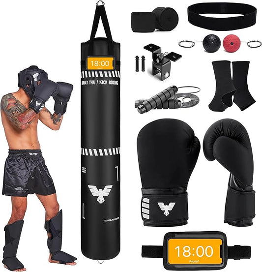 6 Ft Tall Muay Thai Punching Bag Set - Heavy Bag, Training Gloves, Hand Wraps for Kickboxing Heavy Bag, MMA 100 Lbs Bag (Unfilled)