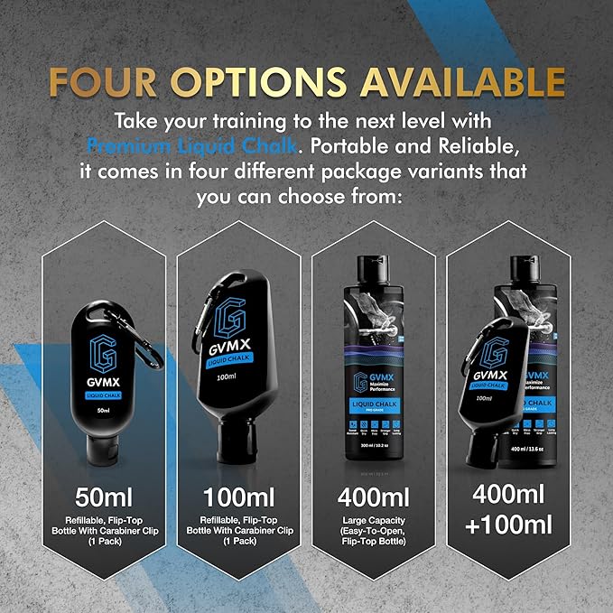 50ML/100ML/400ML Superior Grip Premium Liquid Chalk. Long Lasting Mess-Free Gym Chalk for Weightlifting, Gymnastics, Climbing. Fast Drying Refillable Gym Accessories. Package May Vary.