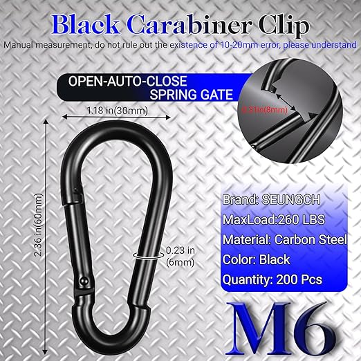 200Pcs 2.36" Heavy Duty Snap Hook Carabiners - M6 Galvanized Steel Quick Links for Keys, Hammocks, Swings, Outdoor Gear - Camping, Hiking, Fishing (Black)
