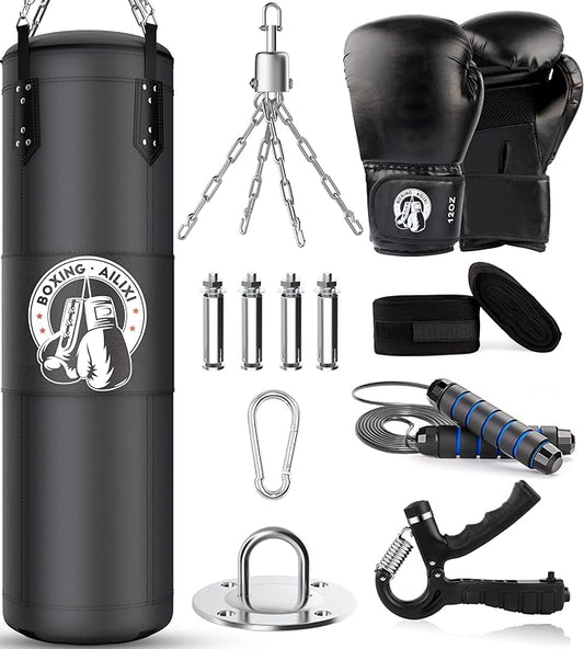 4FT Punching Bag for Adults/Kids, Unfilled Heavy Punching Bag, Boxing Bag Set with Punching Gloves, Wraps, Chain, Ceiling Hook for MMA Kickboxing Boxing Karate Muay Thai Taekwondo