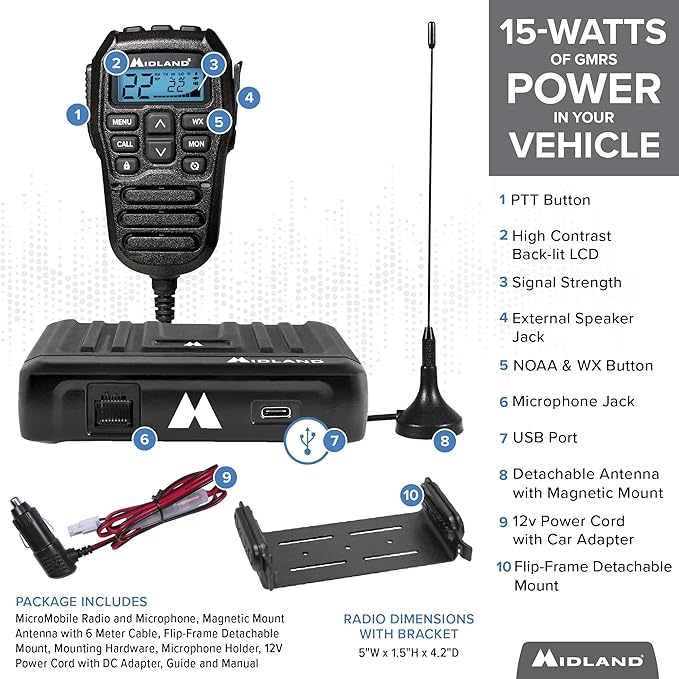 Midland – MXT275VP4-15 Watt GMRS MicroMobile® Two-Way Radio 3dB gain
