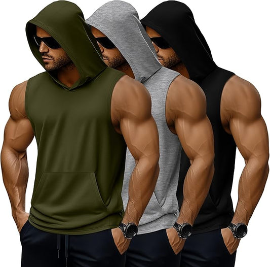 3 Pack Men's Big & Tall Workout Hooded Tank Tops, Cotton Sleeveless Gym Hoodies Bodybuilding Muscle Cut Off Shirts
