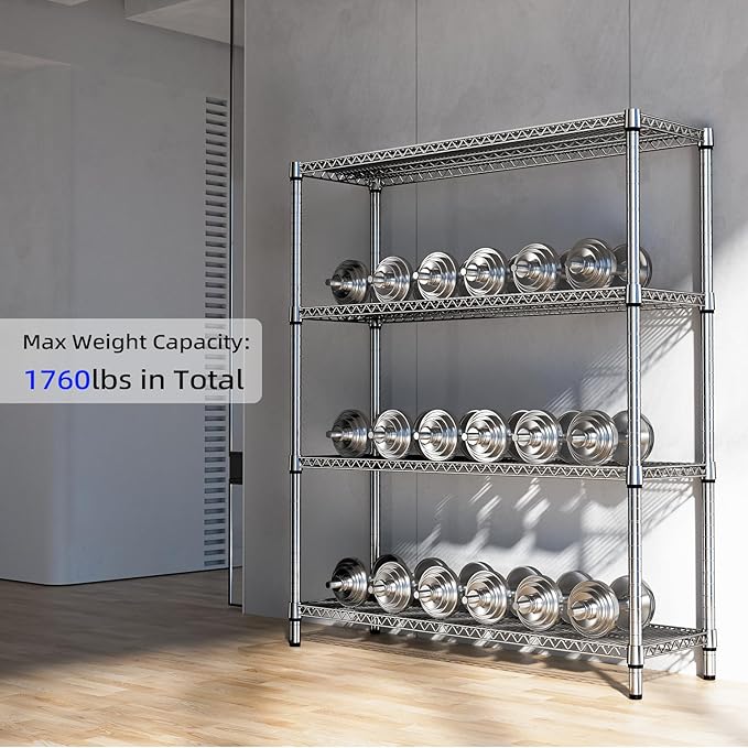 4 Tier Storage Rack Metal Wire Shelving Unit, Storage Standing Shelf Organizer for Laundry Bathroom Kitchen Pantry Closet Garage Basement Utility Room, Chrome 17.7" D x 59.1" W x 70.4" H