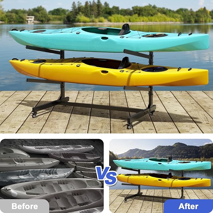 Heavy Duty Freestanding Kayak Storage Rack, Adjustable Metal Stand for Kayaks, Canoes, SUPs, Paddleboards & Surfboards with Lockable Wheels, Indoor & Outdoor Use