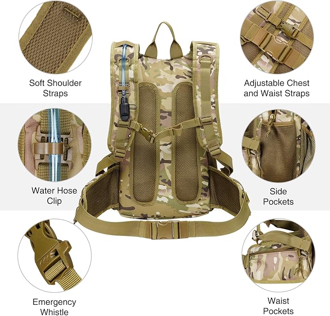22L Tactical Hydration Backpack with 3L Water Bladder, Lightweight Molle Water Bag for Men Women, Hiking Hydration Pack for Cycling Running Biking Hunting, Daypack with Waist Pocket, Camo