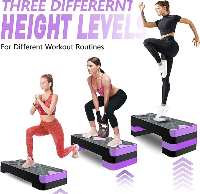 Aerobic Exercise Step, Adjustable Aerobic Stepper for Exercise, Workout Step Platform for Step Up, 26.5" Step Deck with 4” 6” 8” Adjustable Height Risers, Women Home Gym Cardio Fitness