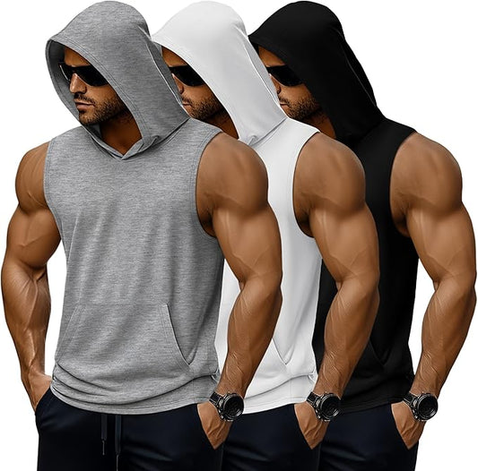 3 Pack Men's Big & Tall Workout Hooded Tank Tops, Cotton Sleeveless Gym Hoodies Bodybuilding Muscle Cut Off Shirts