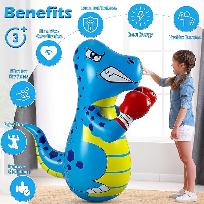 Kids Punching Bag 3-8 with Air Pump, Toddler Punching Bags for Kids, Inflatable Dinosaur Toy with Bounce- Back Action, Safe Gifts for Boys & Girls Age 3-5 Add Tossing Game