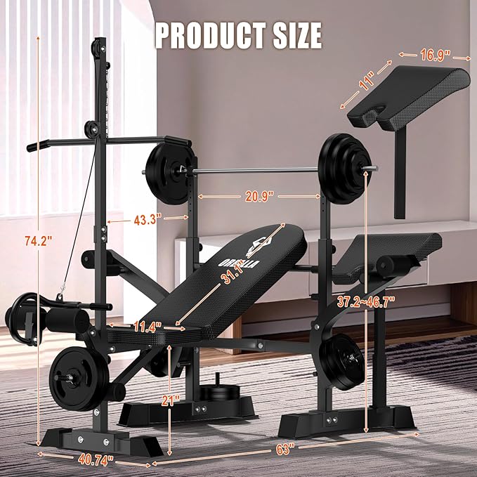 Adjustable Weight Bench - 8 in 1 Multi-Function Bench Press Set Full Body Strength Training Workout Equipment with Leg Developer, Chest Fly, Preacher Curl Pad for Home Gym