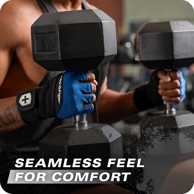 Harbinger Training Grip Wrist Wrap Gloves - Enhanced Grip & Wrist Support, Breathable Lycra Back, Padded Leather Palm, Half-Finger Design, Quick Pull Tabs - Ideal for Weightlifting, Gym - Men's