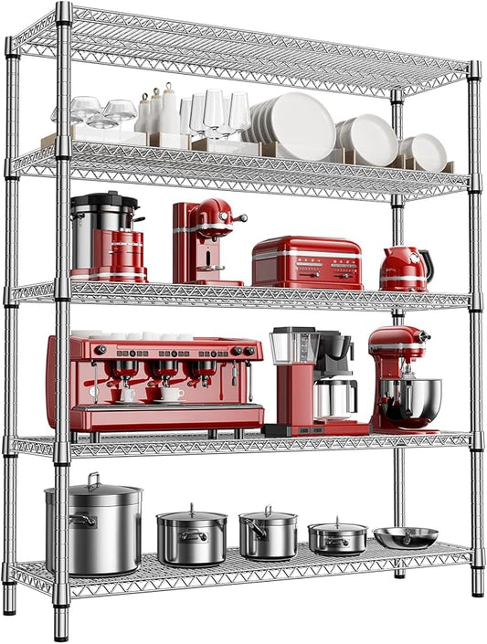 5 Tier Storage Rack Metal Wire Shelving Unit, Storage Standing Shelf Organizer for Laundry Bathroom Kitchen Pantry Closet Garage Basement Utility Room, Chrome 17.7" D x 59.1" W x 70.4" H