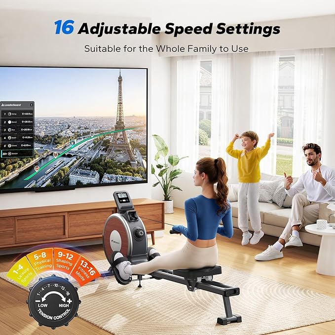 MERACH Rowing Machine, Magnetic Rower Machine for Home, 16 Levels of Quiet Resistance, Dual Slide Rail with Max 350lb Weight Capacity, App Compatible