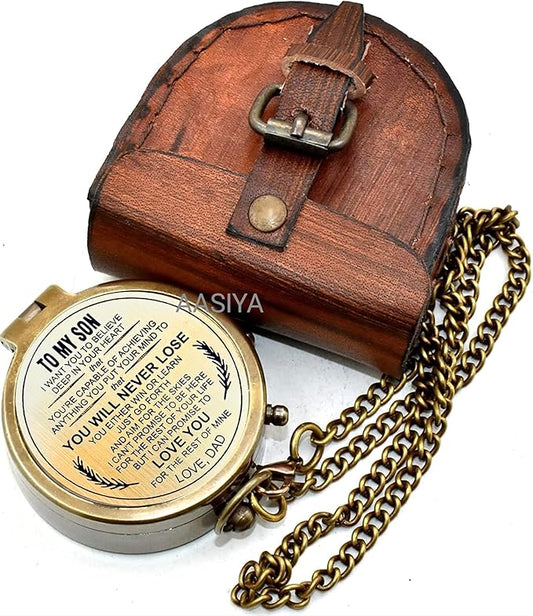 AASIYA Brass Chain Compass with Leather Case