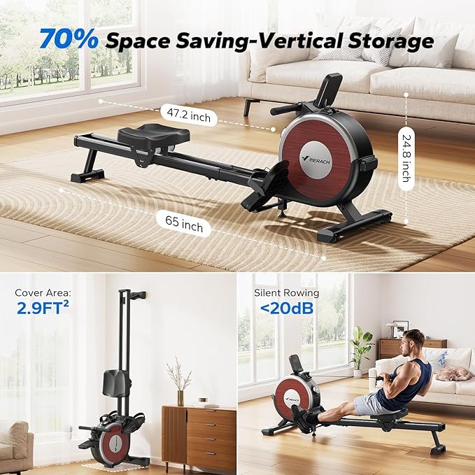 MERACH Rowing Machine, Magnetic Rower Machine for Home, 16 Levels of Quiet Resistance, Dual Slide Rail with Max 350lb Weight Capacity, App Compatible