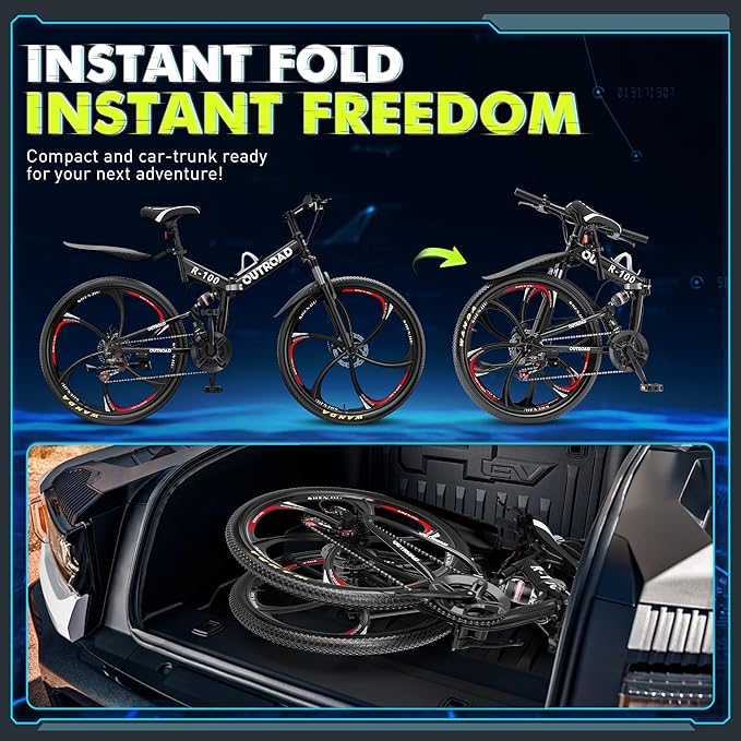 26 Inch Folding Mountain Bike, 21 Speed Full Suspension Bicycle with High-Carbon Steel, Dual Disc Brake Non-Slip Quick Release tire Folding Bicycle for Adults/Men/Women