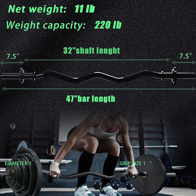 47" EZ Curl Bar Weight Lifting Bar 1-inch 2 Star (220lb Weight