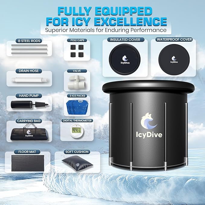 17-Piece XL Portable Ice Bath Tub for Adults -105 Gal 5-Layer Cold Plunge Tub with Water Chiller Included & Thermometer, Inflatable Ice Bath Tub w/ 400L Capacity, Athletes Indoor/Outdoor Recovery